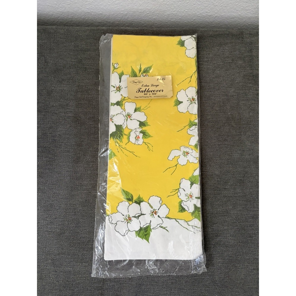 Vintage Paper Art Paper Table Cover New Old Stock Yellow MCM Flowers 102"x 60"